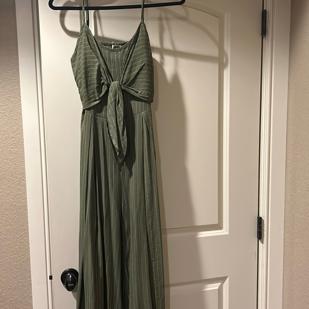 Flying Tomato green jumpsuit white stripes, tie-front ,wide-leg,cut-out back